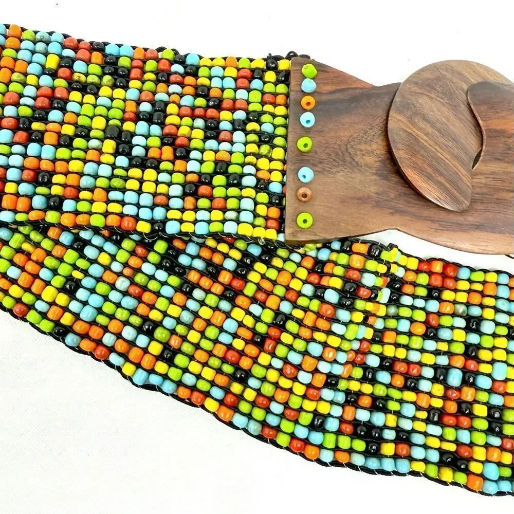 Colorful Seed Bead Wood Clasp Buckle Boho Festival Ethnic Tribal Stretch Belt